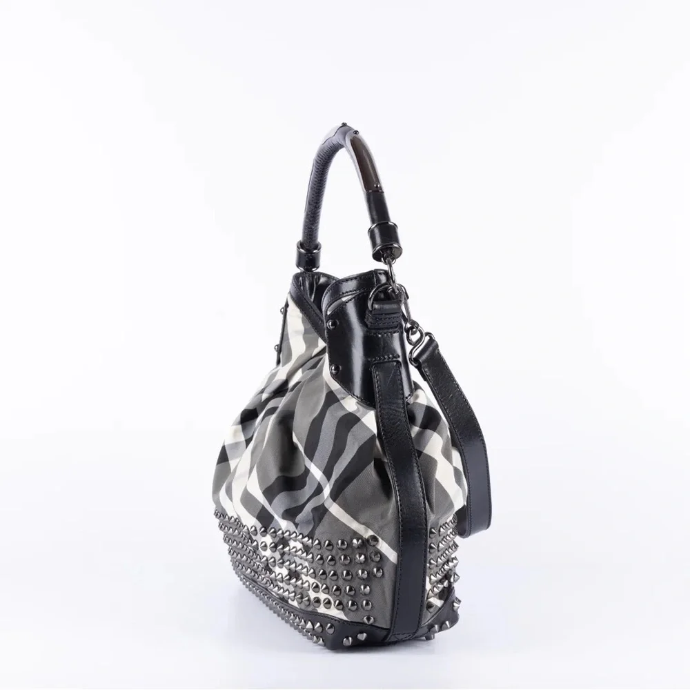 BURBERRY Beat Check Nylon Studded Hobo Bag